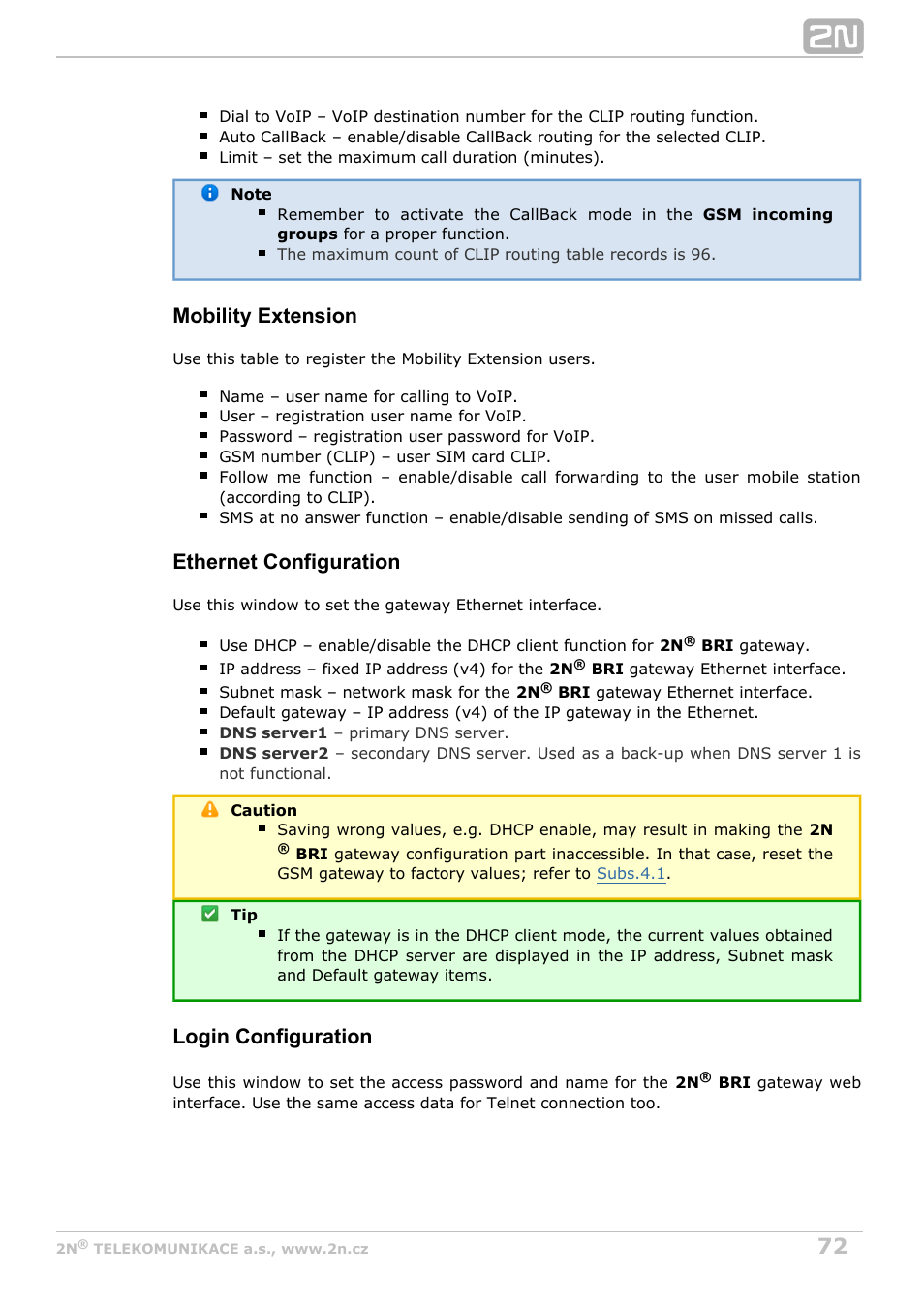 Mobility extension, Ethernet configuration, Login configuration | 2N BRI Lite/Enterprise v1.5 User Manual | Page 72 / 134