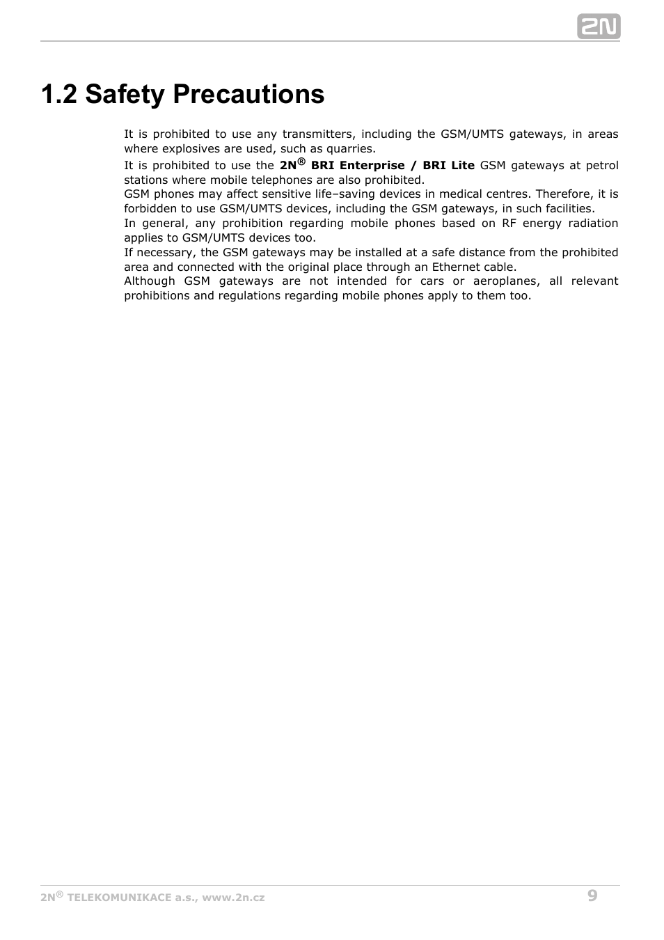 2 safety precautions | 2N BRI Lite/Enterprise v1.5 User Manual | Page 9 / 134