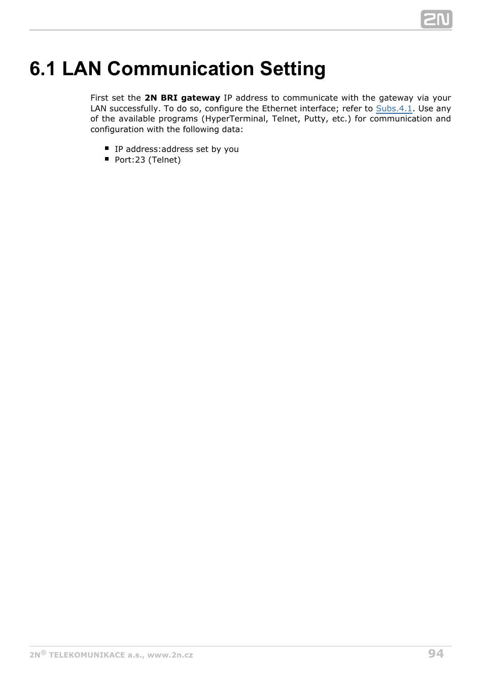 1 lan communication setting | 2N BRI Lite/Enterprise v1.5 User Manual | Page 94 / 134