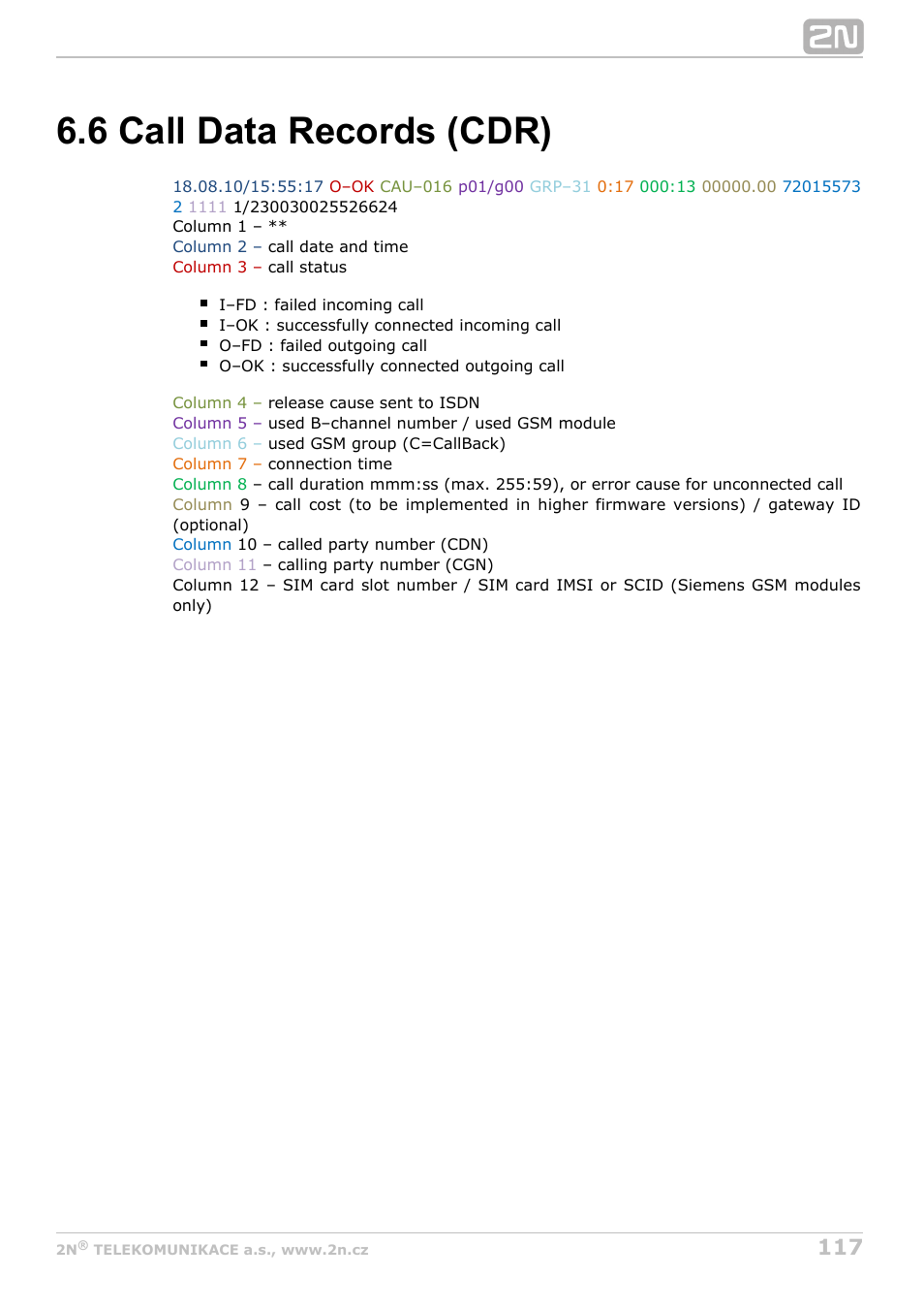 6 call data records (cdr), Subs 6.6 | 2N BRI Lite/Enterprise v1.4 User Manual | Page 117 / 132