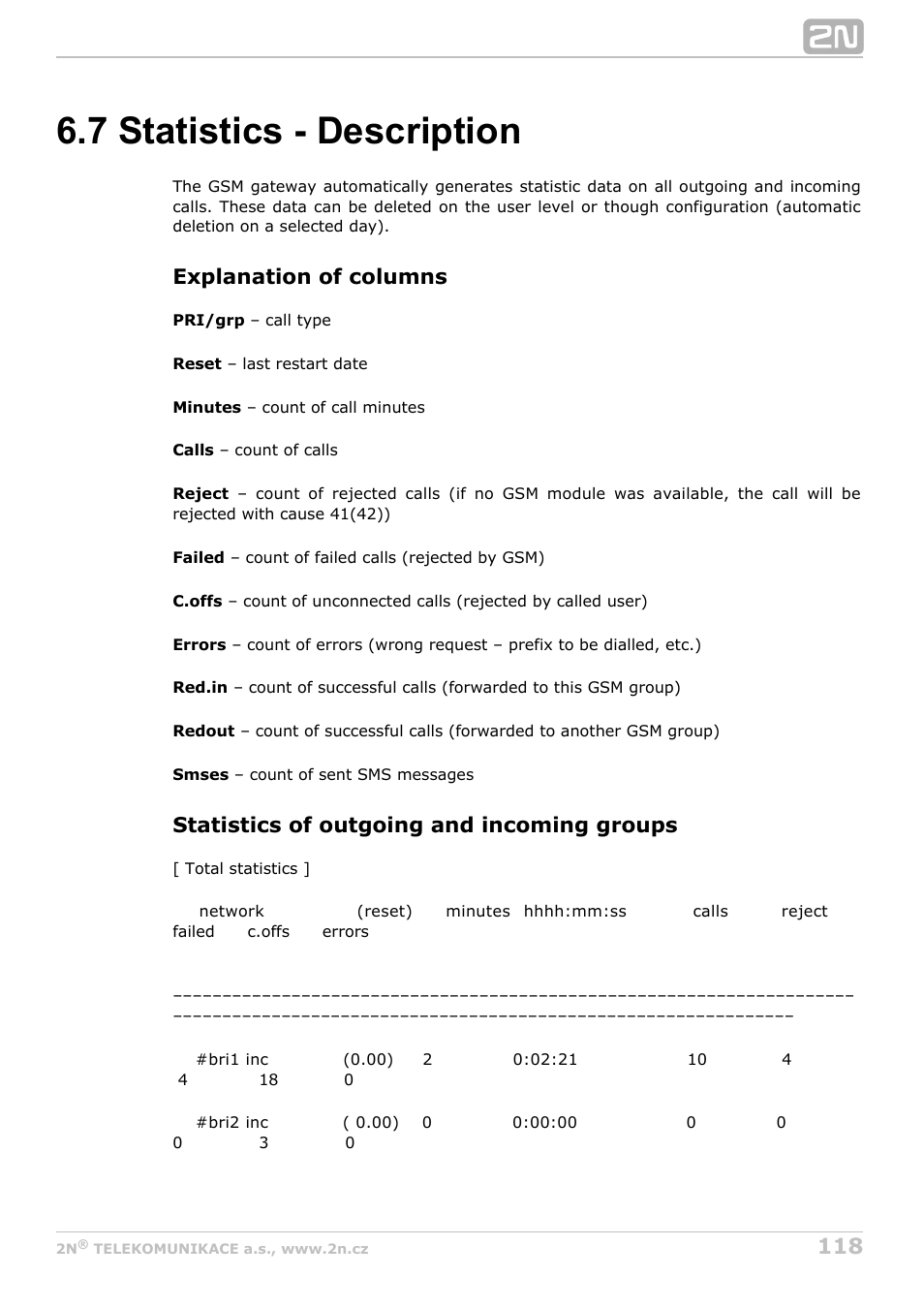 7 statistics - description, Explanation of columns, Statistics of outgoing and incoming groups | 2N BRI Lite/Enterprise v1.4 User Manual | Page 118 / 132