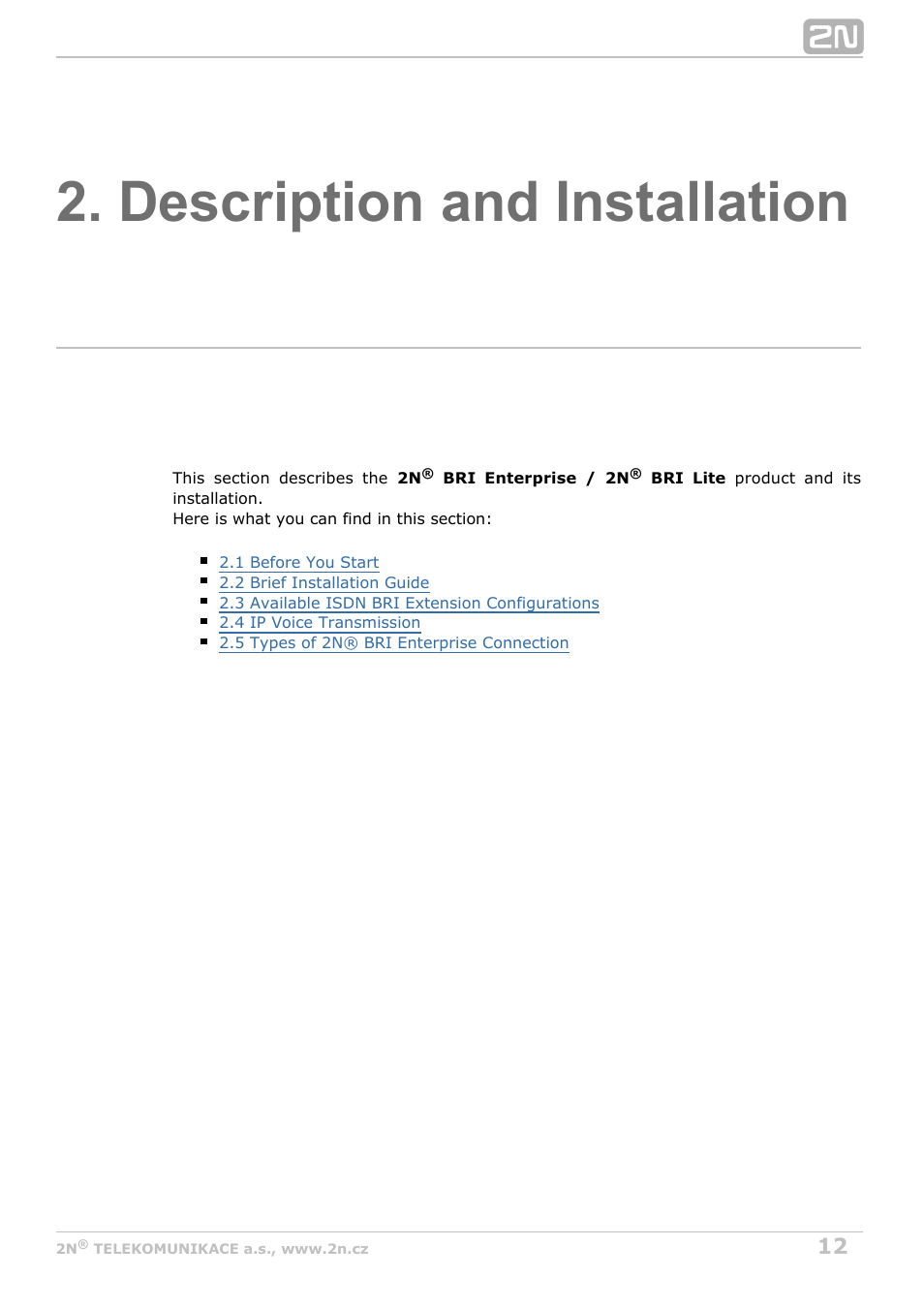 Description and installation | 2N BRI Lite/Enterprise v1.4 User Manual | Page 12 / 132