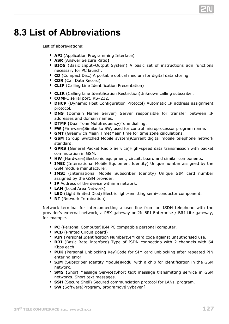 3 list of abbreviations | 2N BRI Lite/Enterprise v1.4 User Manual | Page 127 / 132