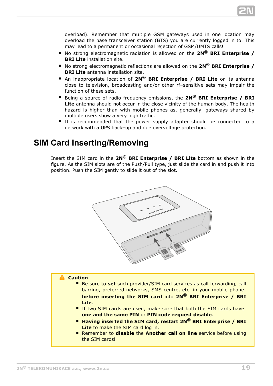 Sim card inserting/removing | 2N BRI Lite/Enterprise v1.4 User Manual | Page 19 / 132