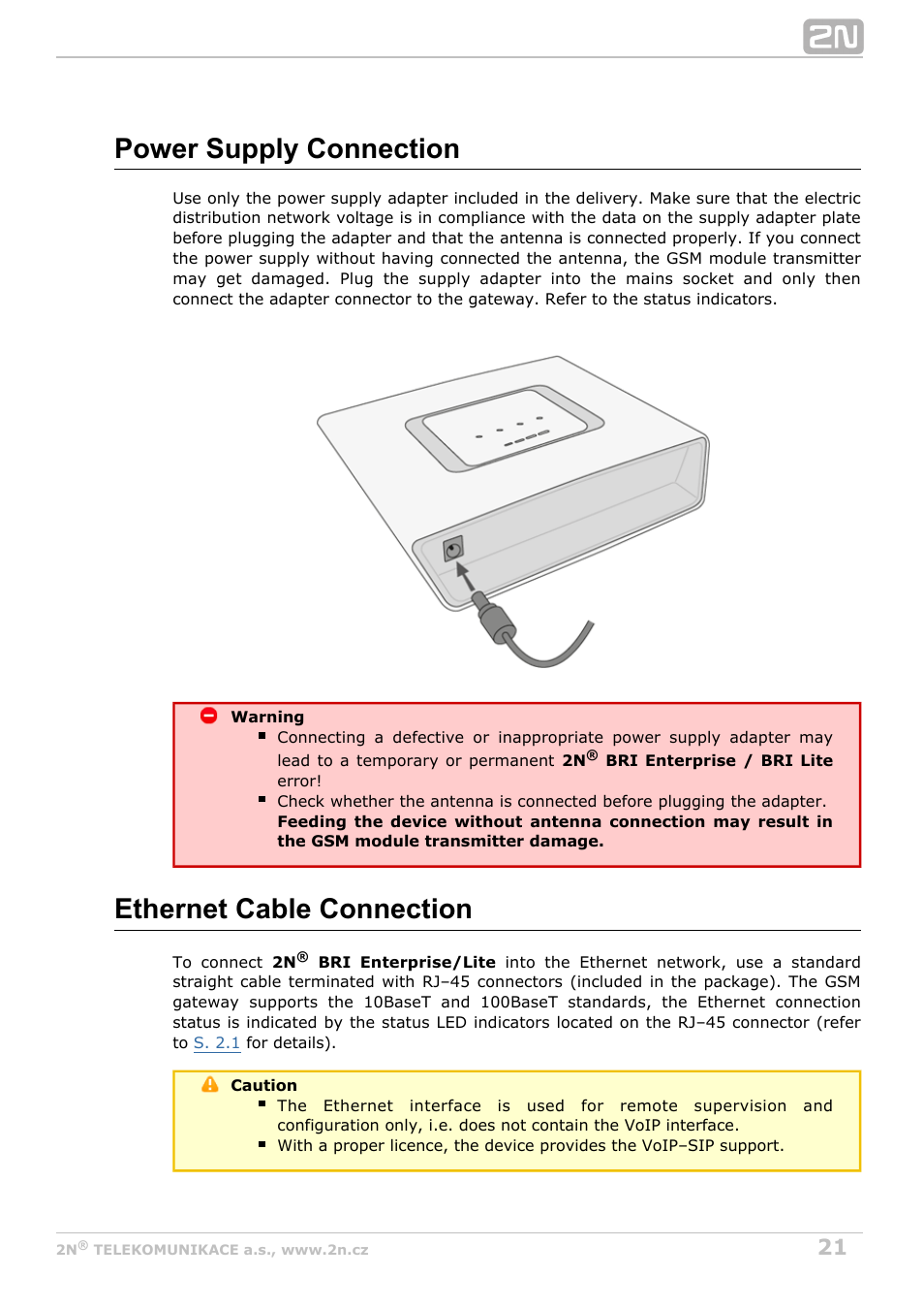 Power supply connection, Ethernet cable connection | 2N BRI Lite/Enterprise v1.4 User Manual | Page 21 / 132