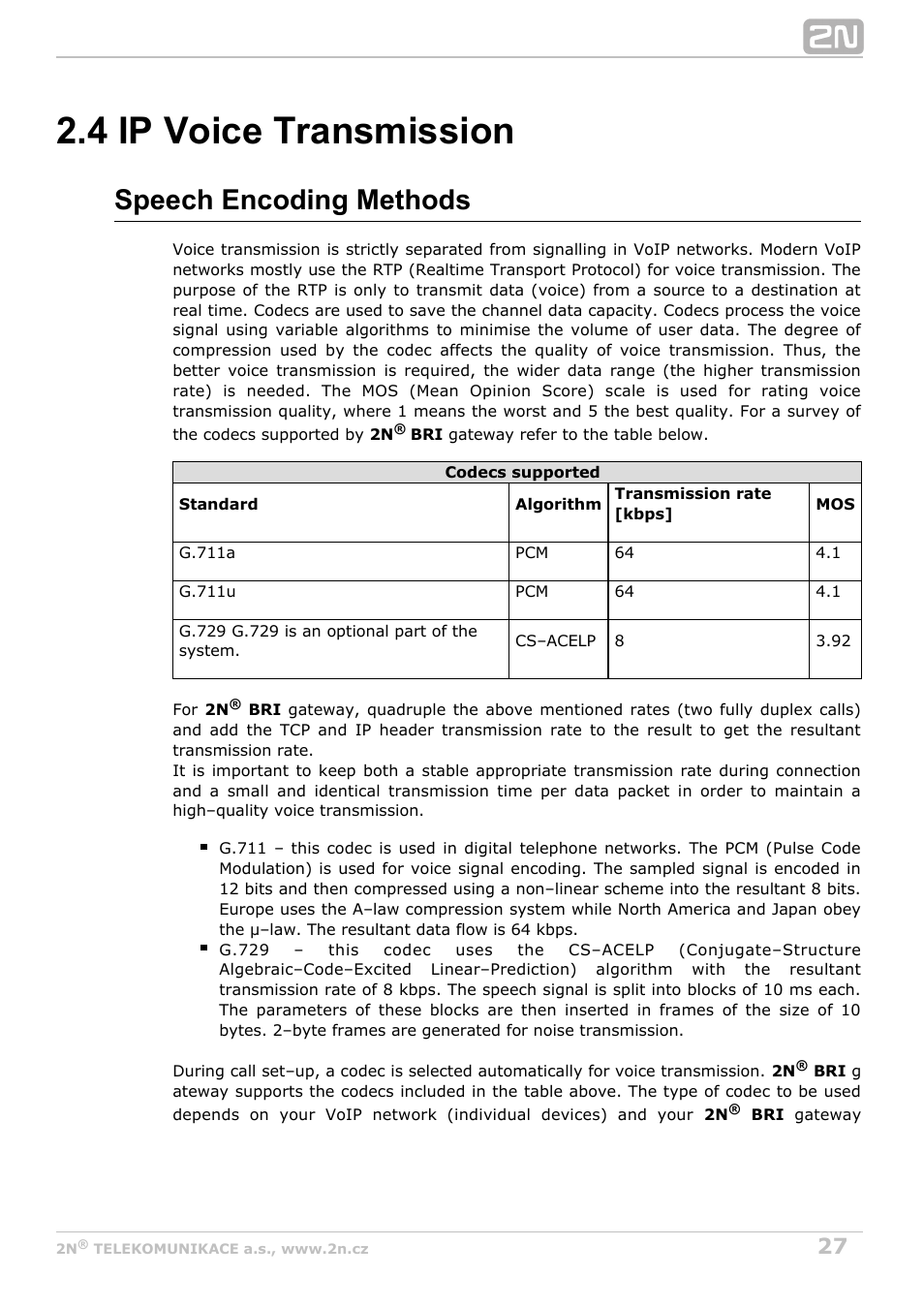 4 ip voice transmission, Speech encoding methods | 2N BRI Lite/Enterprise v1.4 User Manual | Page 27 / 132