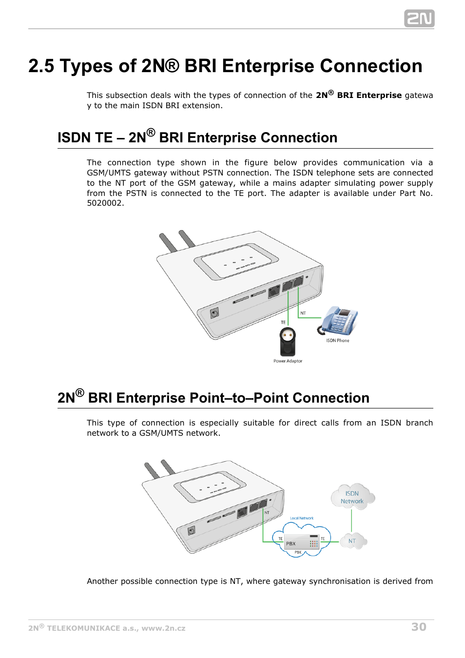 5 types of 2n® bri enterprise connection, Isdn te – 2n bri enterprise connection, 2n bri enterprise point–to–point connection | 2N BRI Lite/Enterprise v1.4 User Manual | Page 30 / 132