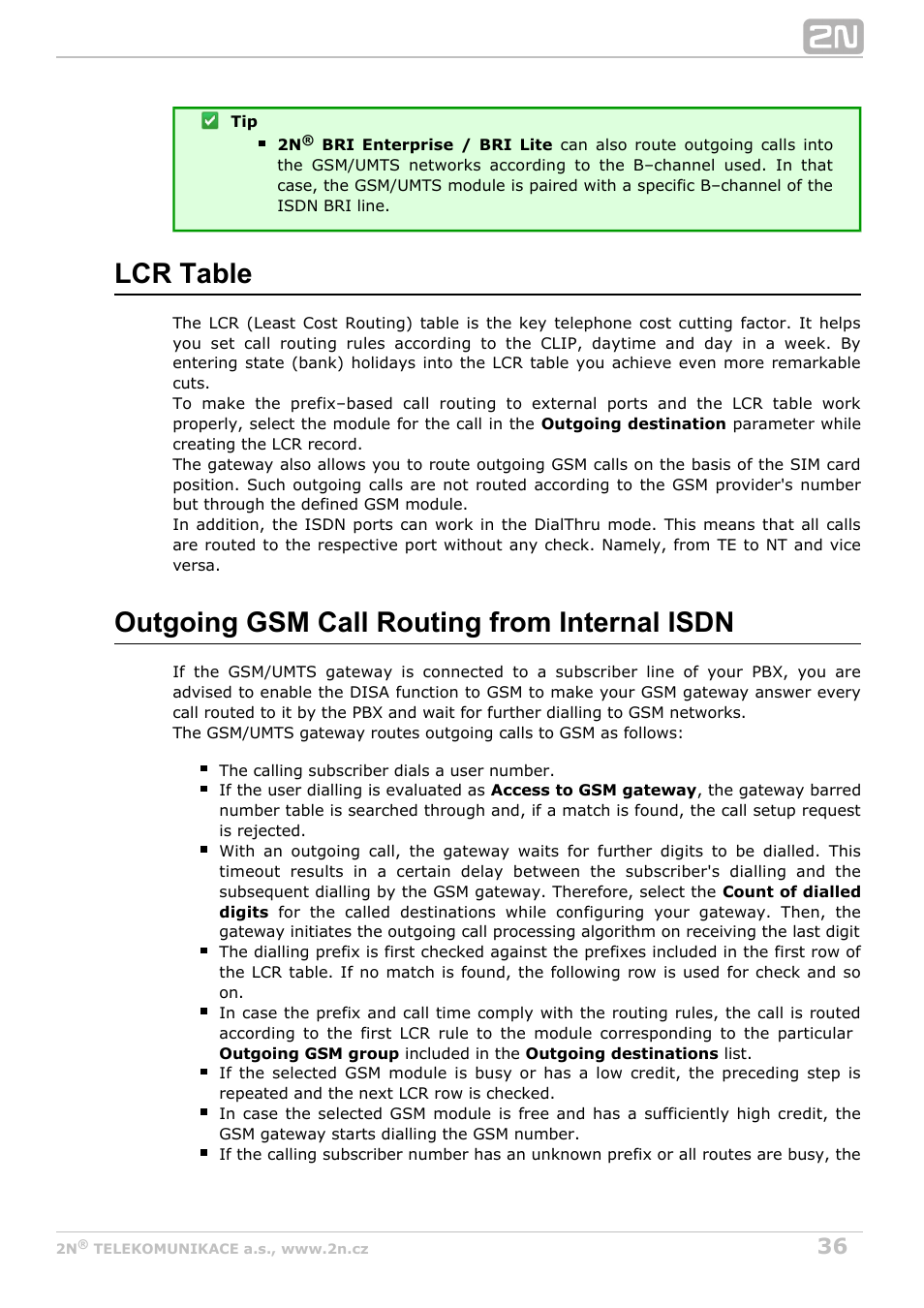 Lcr table, Outgoing gsm call routing from internal isdn | 2N BRI Lite/Enterprise v1.4 User Manual | Page 36 / 132