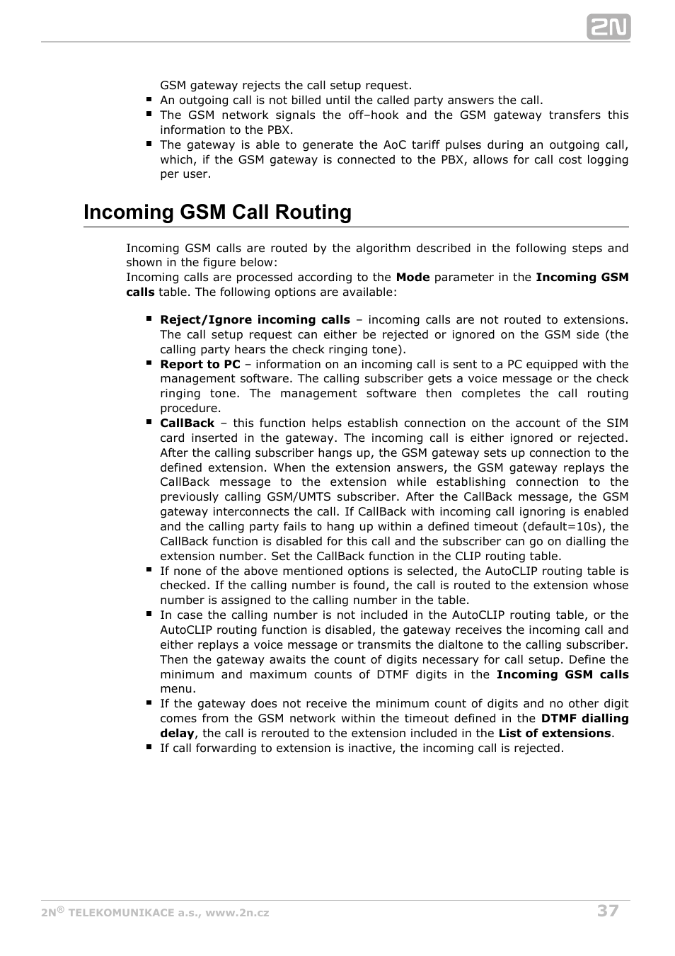 Incoming gsm call routing | 2N BRI Lite/Enterprise v1.4 User Manual | Page 37 / 132