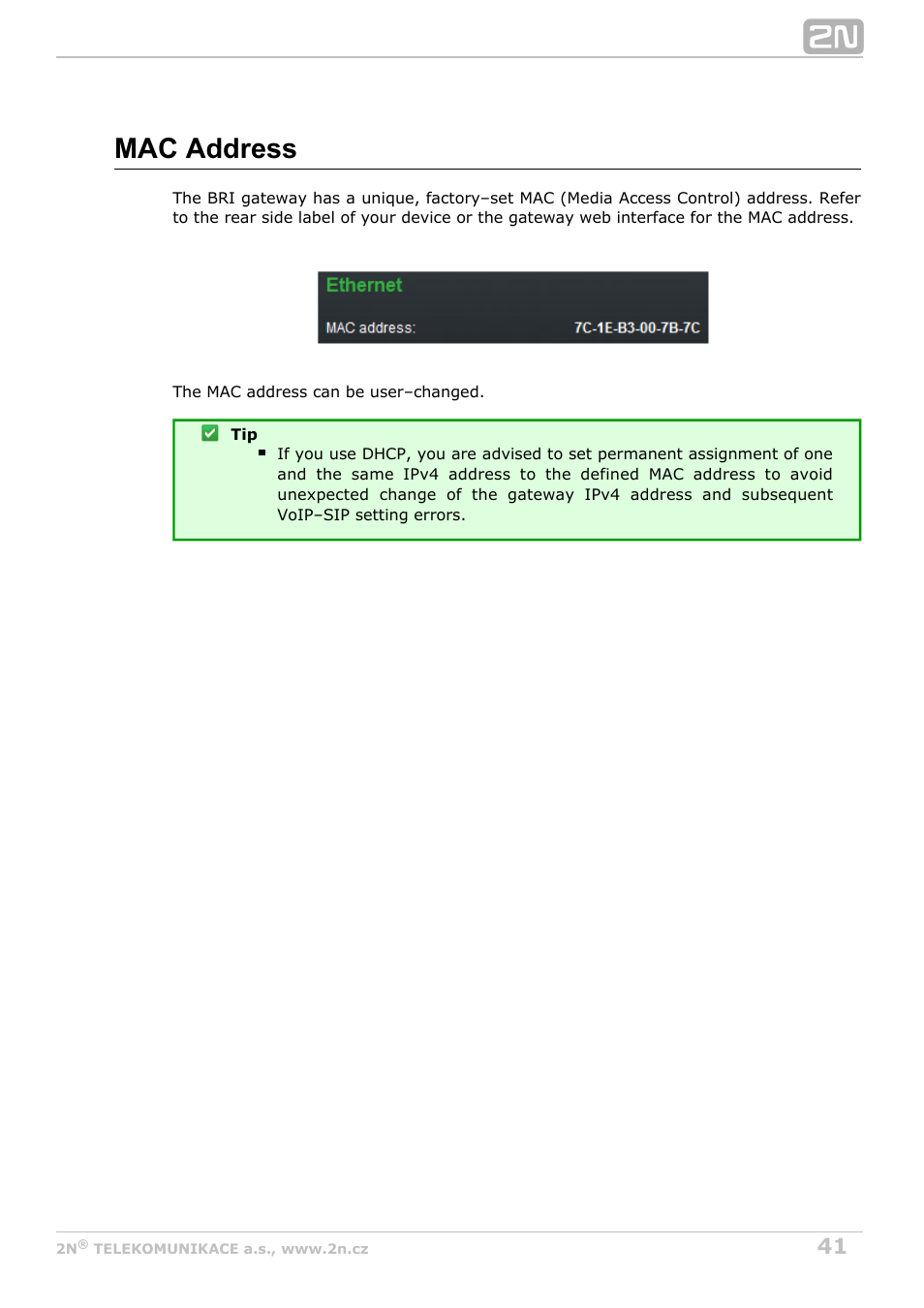 Mac address | 2N BRI Lite/Enterprise v1.4 User Manual | Page 41 / 132