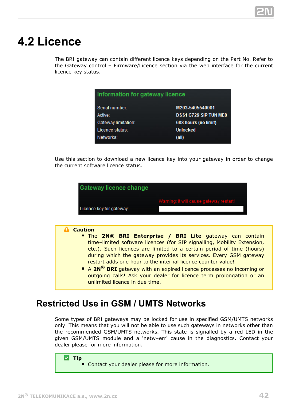 2 licence, Restricted use in gsm / umts networks | 2N BRI Lite/Enterprise v1.4 User Manual | Page 42 / 132