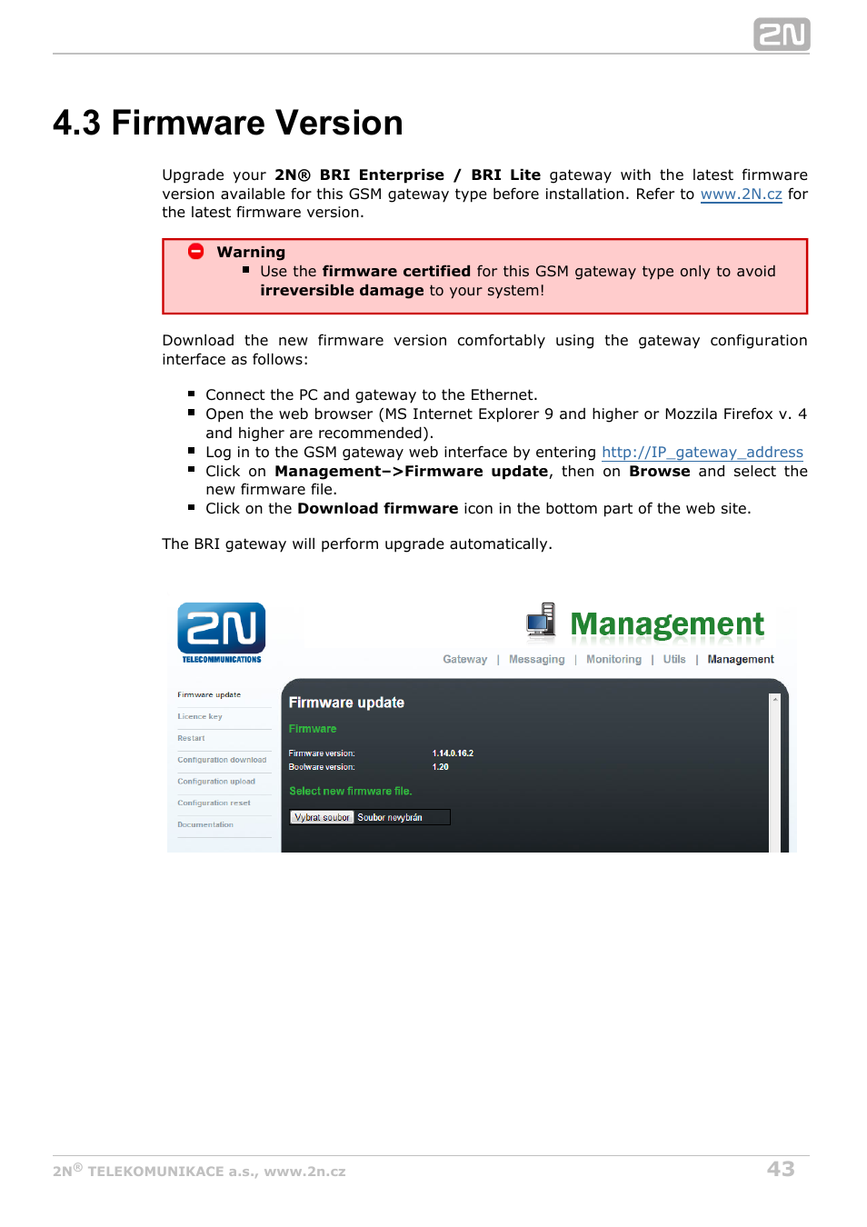 3 firmware version | 2N BRI Lite/Enterprise v1.4 User Manual | Page 43 / 132