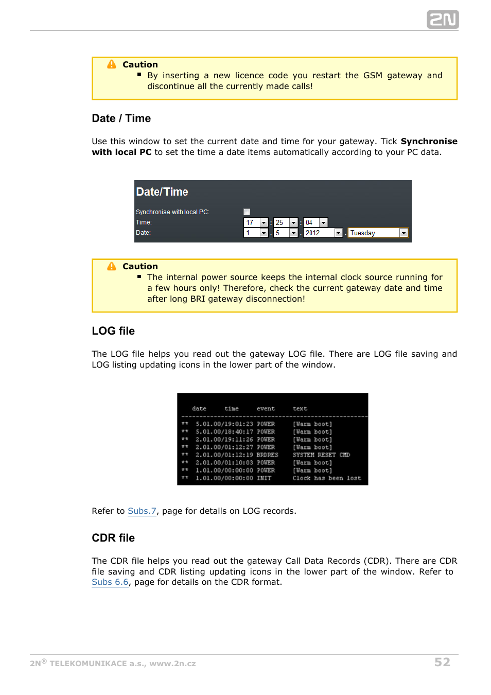 Date / time, Log file, Cdr file | 2N BRI Lite/Enterprise v1.4 User Manual | Page 52 / 132