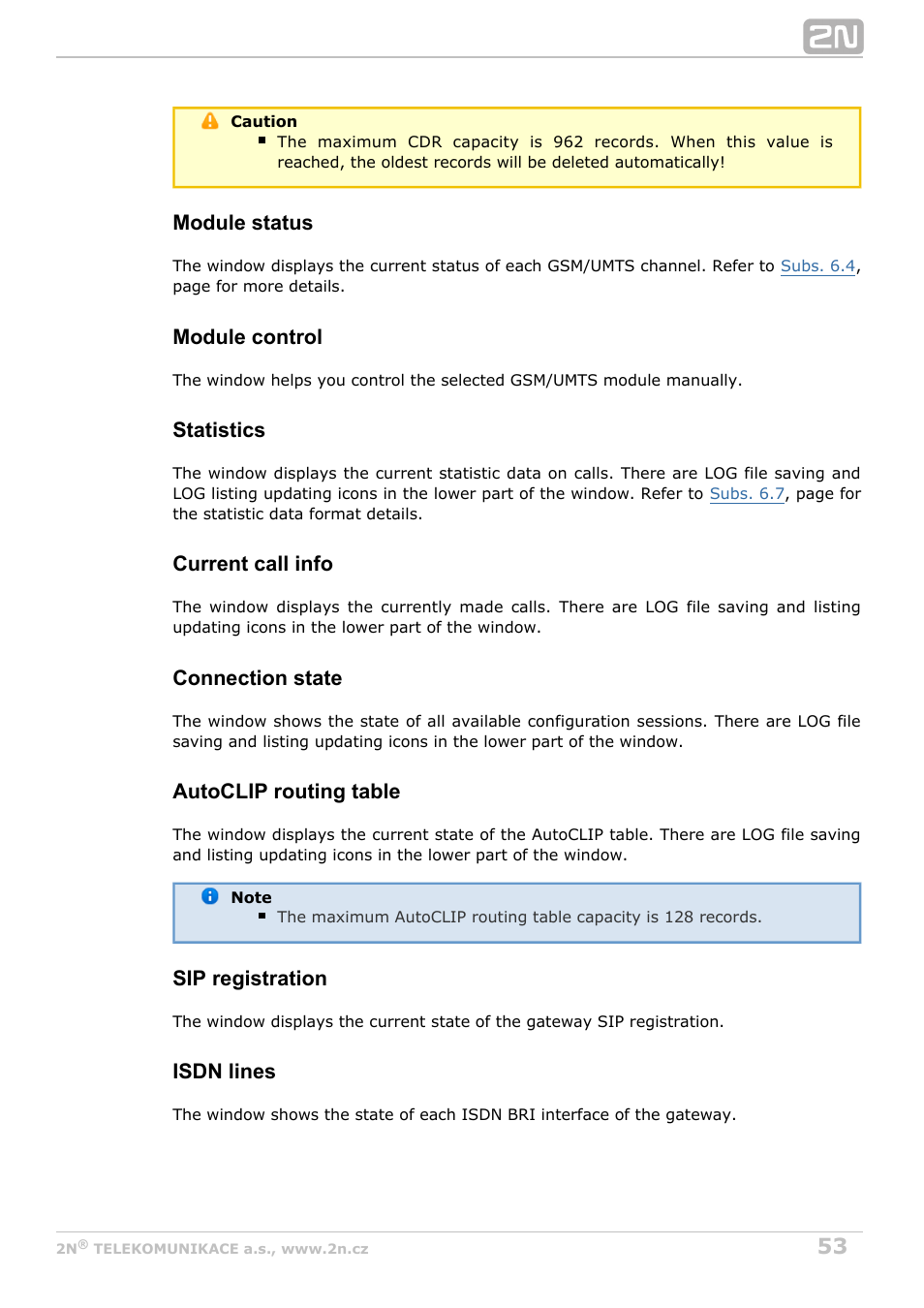 Module status, Module control, Statistics | Current call info, Connection state, Autoclip routing table, Sip registration, Isdn lines | 2N BRI Lite/Enterprise v1.4 User Manual | Page 53 / 132