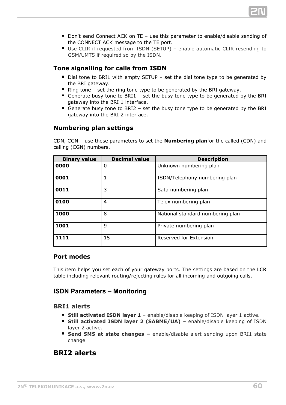 Bri2 alerts, Isdn parameters – monitoring | 2N BRI Lite/Enterprise v1.4 User Manual | Page 60 / 132