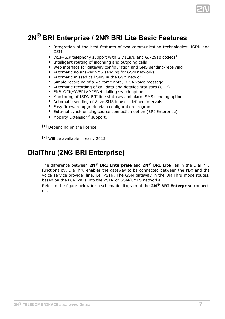 2n bri enterprise / 2n® bri lite basic features, Dialthru (2n® bri enterprise) | 2N BRI Lite/Enterprise v1.4 User Manual | Page 7 / 132