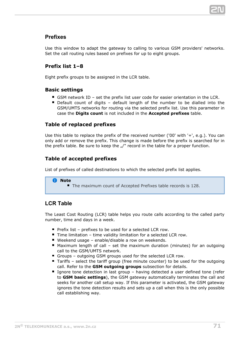 Prefixes, Lcr table | 2N BRI Lite/Enterprise v1.4 User Manual | Page 71 / 132