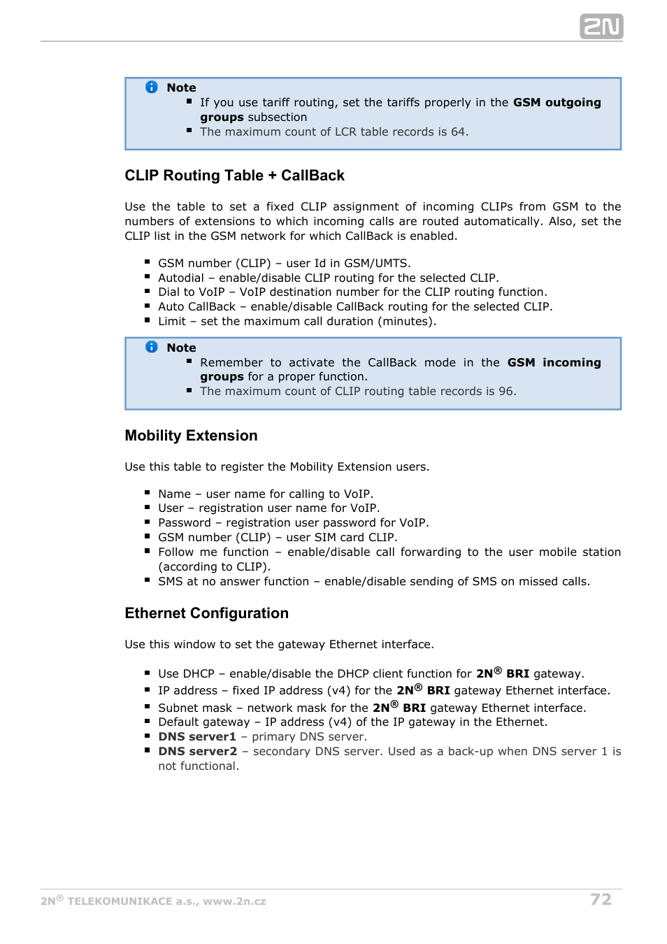 Clip routing table + callback, Mobility extension, Ethernet configuration | 2N BRI Lite/Enterprise v1.4 User Manual | Page 72 / 132