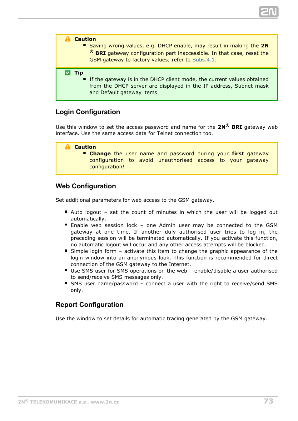 Login configuration, Web configuration, Report configuration | 2N BRI Lite/Enterprise v1.4 User Manual | Page 73 / 132