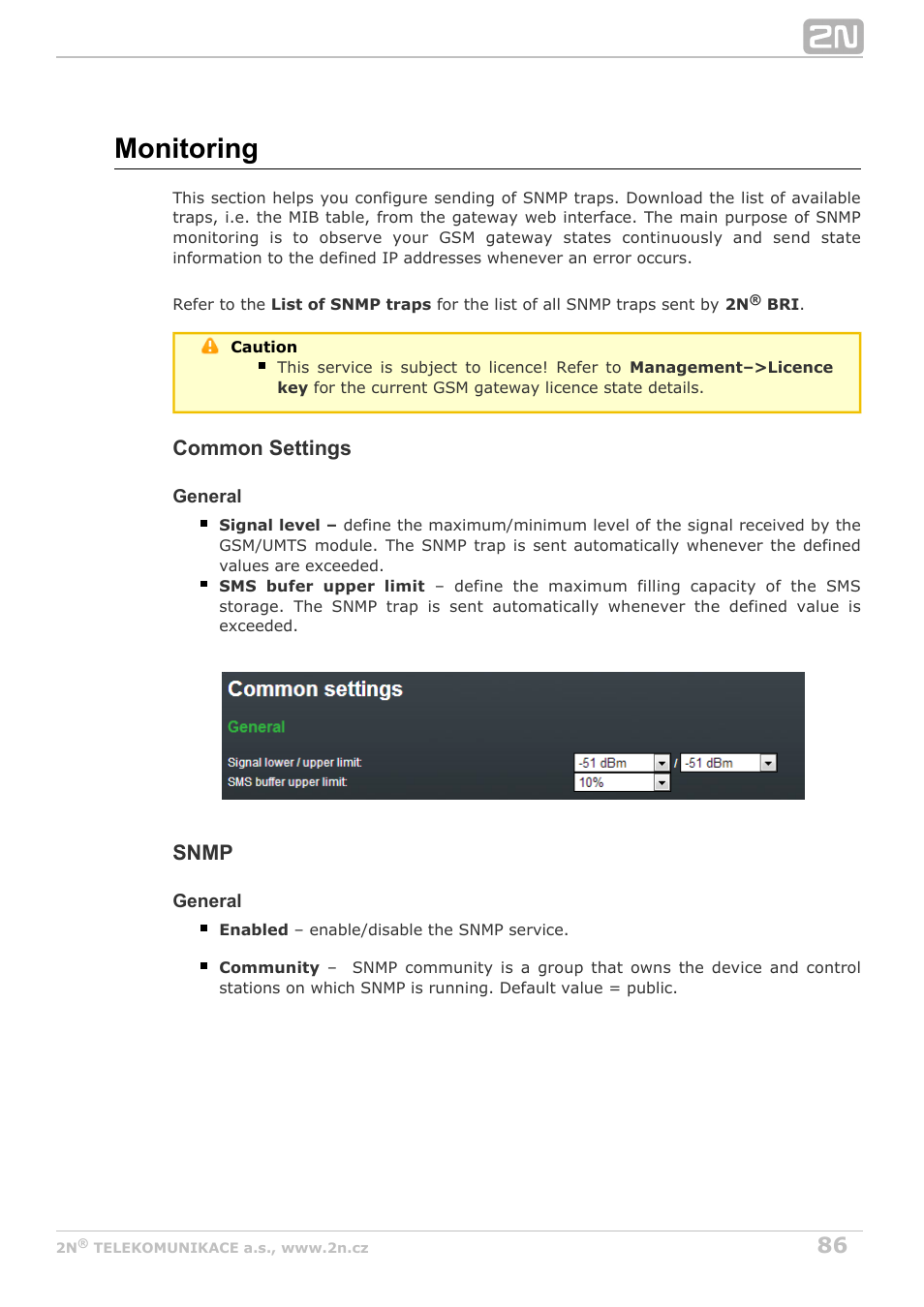 Monitoring, Common settings, Snmp | 2N BRI Lite/Enterprise v1.4 User Manual | Page 86 / 132