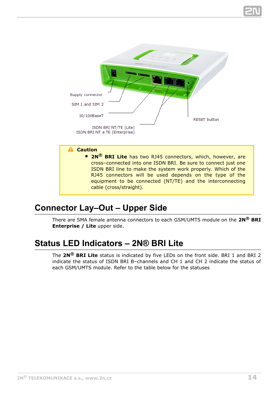 Connector lay–out – upper side, Status led indicators – 2n® bri lite | 2N BRI Lite/Enterprise v1.3 User Manual | Page 14 / 100
