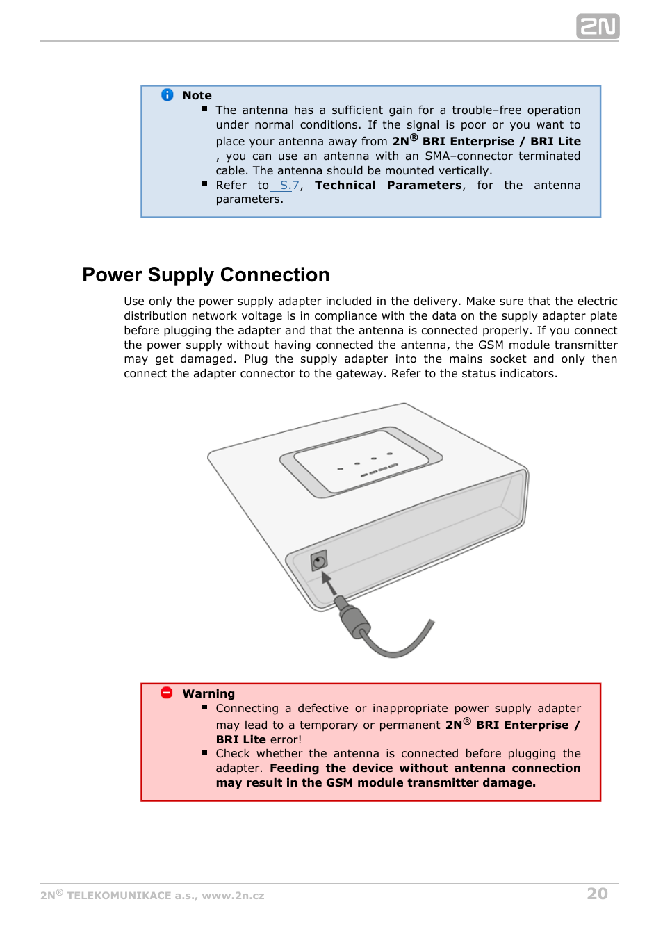 Power supply connection | 2N BRI Lite/Enterprise v1.3 User Manual | Page 20 / 100