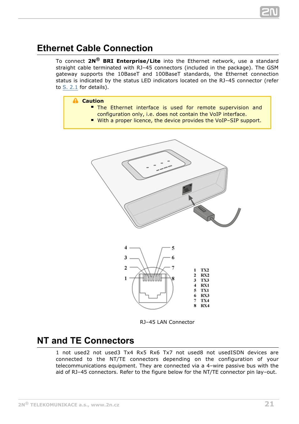 Ethernet cable connection, Nt and te connectors | 2N BRI Lite/Enterprise v1.3 User Manual | Page 21 / 100