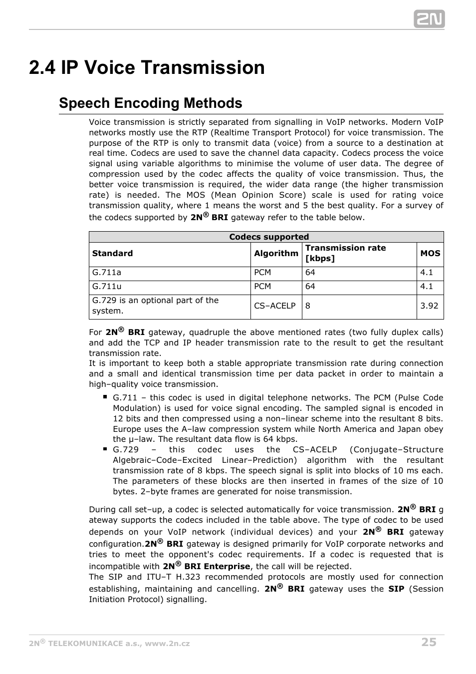 4 ip voice transmission, Speech encoding methods | 2N BRI Lite/Enterprise v1.3 User Manual | Page 25 / 100
