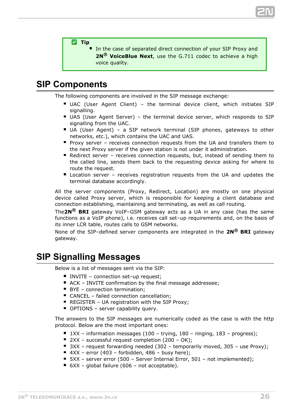 Sip components, Sip signalling messages | 2N BRI Lite/Enterprise v1.3 User Manual | Page 26 / 100