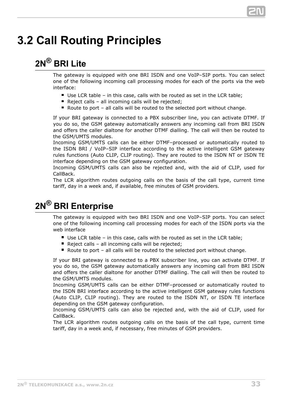 2 call routing principles, 2n bri lite, 2n bri enterprise | 2N BRI Lite/Enterprise v1.3 User Manual | Page 33 / 100