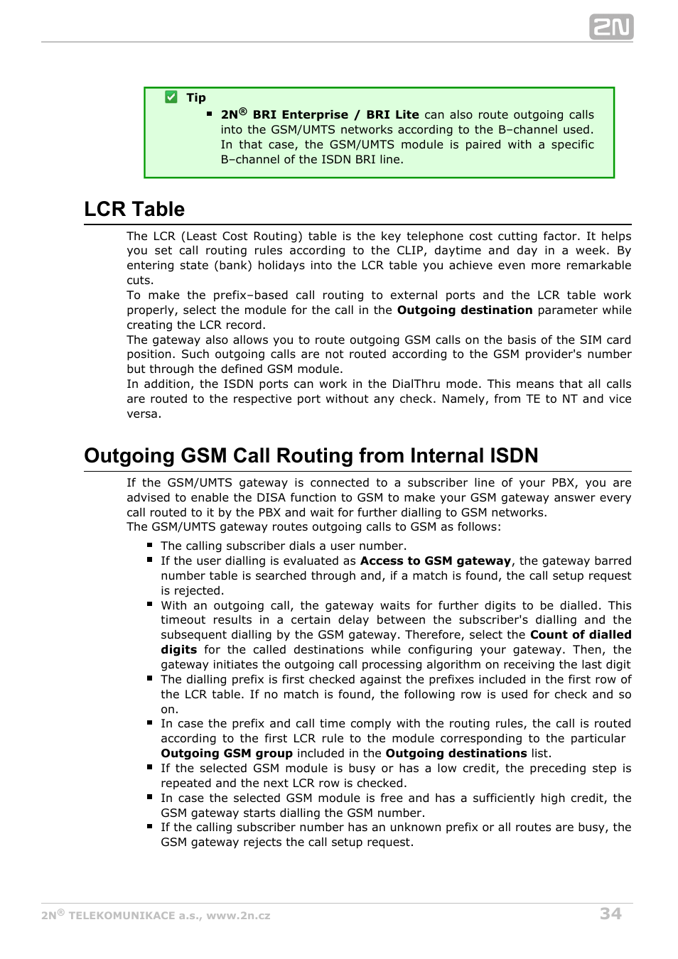 Lcr table, Outgoing gsm call routing from internal isdn | 2N BRI Lite/Enterprise v1.3 User Manual | Page 34 / 100