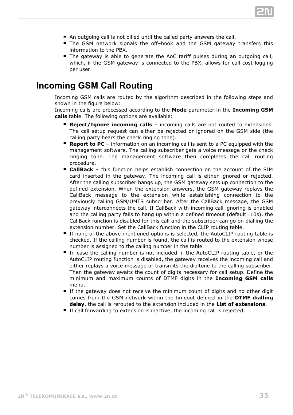 Incoming gsm call routing | 2N BRI Lite/Enterprise v1.3 User Manual | Page 35 / 100