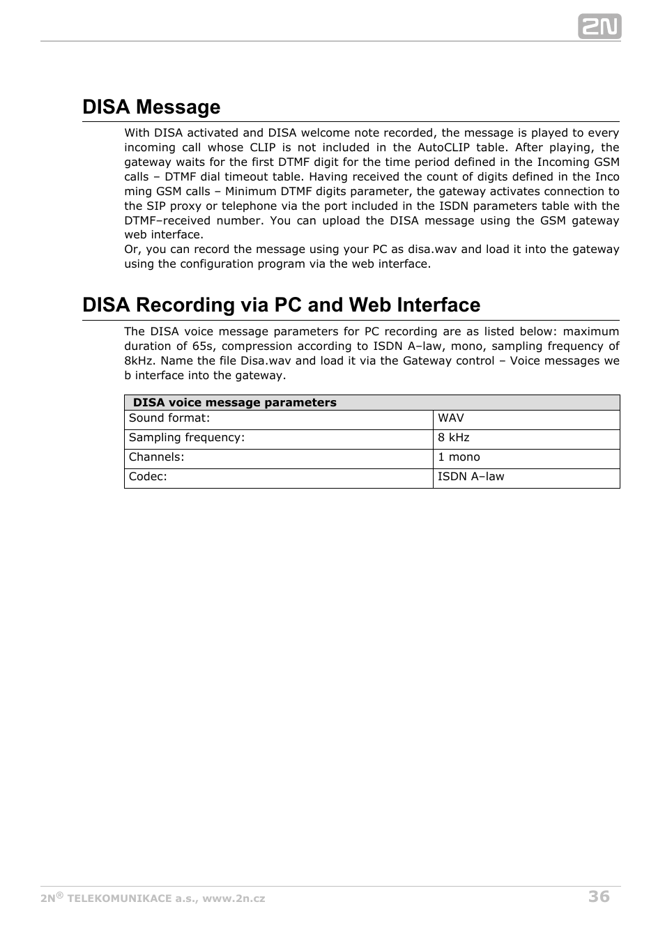 Disa message, Disa recording via pc and web interface | 2N BRI Lite/Enterprise v1.3 User Manual | Page 36 / 100