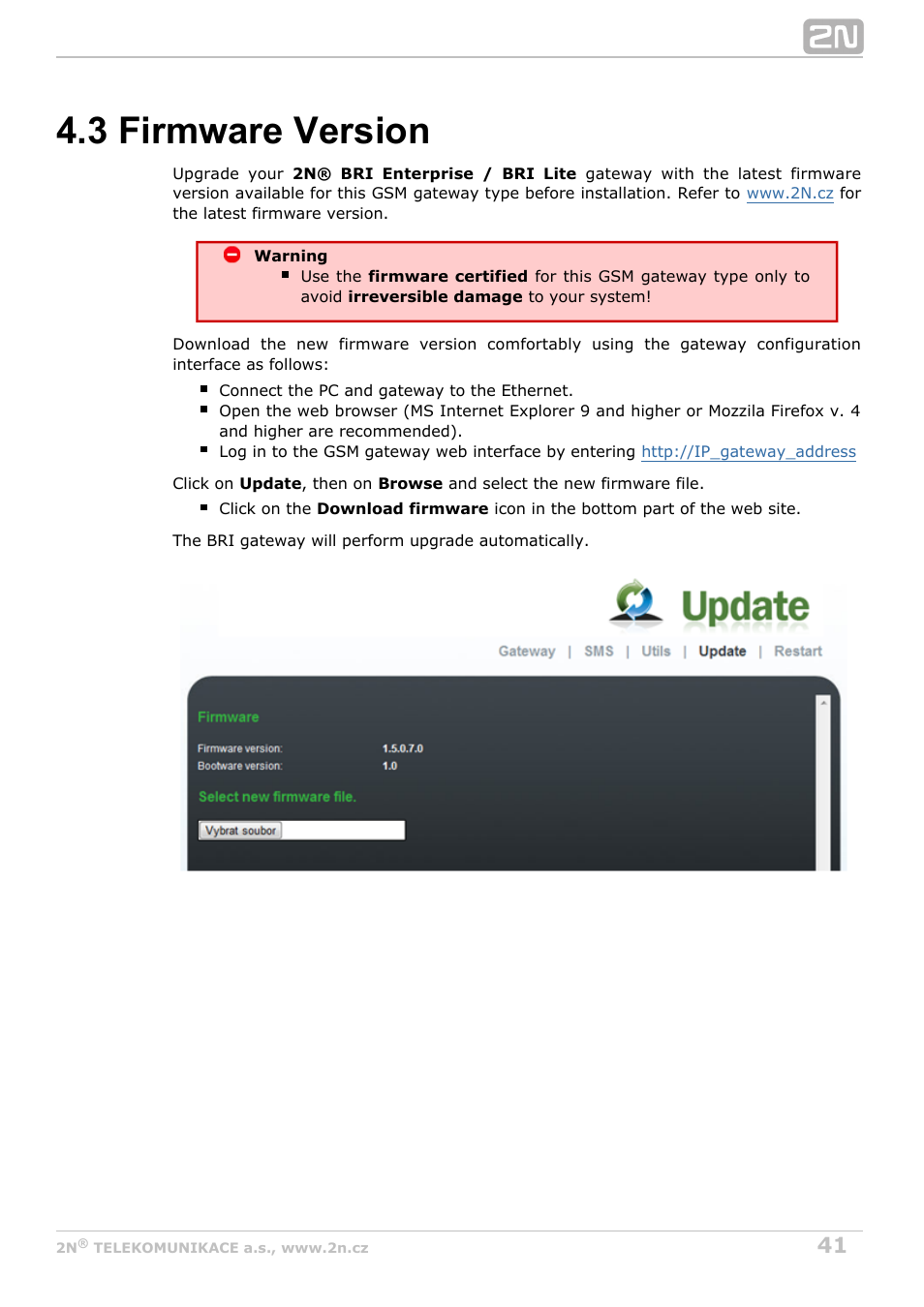 3 firmware version | 2N BRI Lite/Enterprise v1.3 User Manual | Page 41 / 100