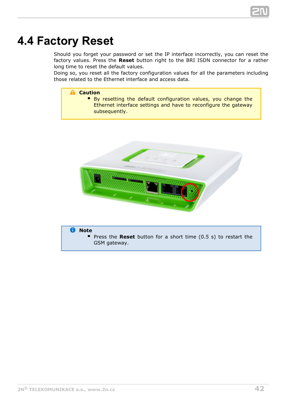 4 factory reset, P. for details, Subs. 4.4 | 2N BRI Lite/Enterprise v1.3 User Manual | Page 42 / 100