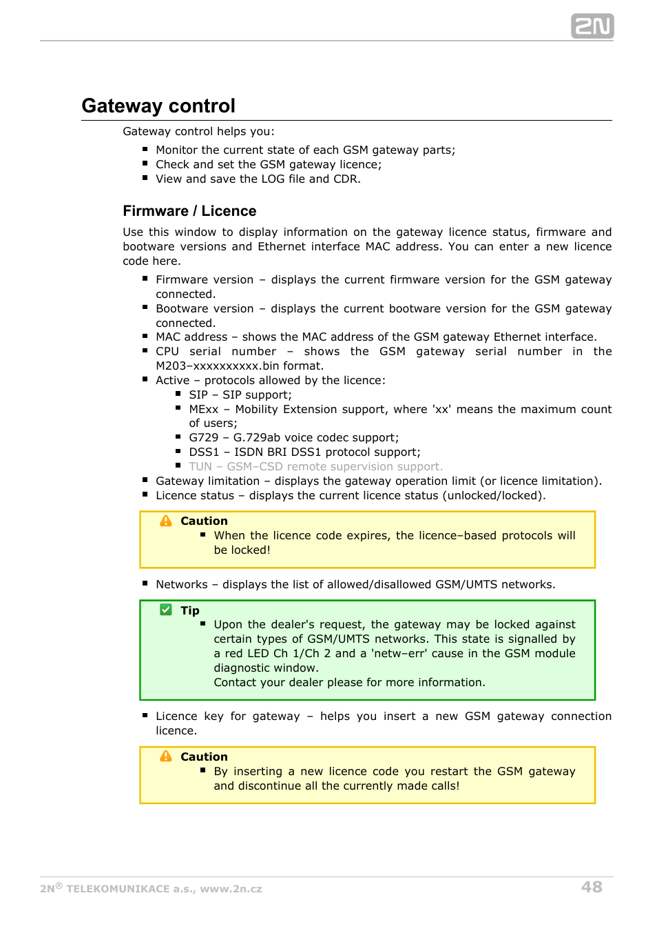 Gateway control, Firmware / licence | 2N BRI Lite/Enterprise v1.3 User Manual | Page 48 / 100