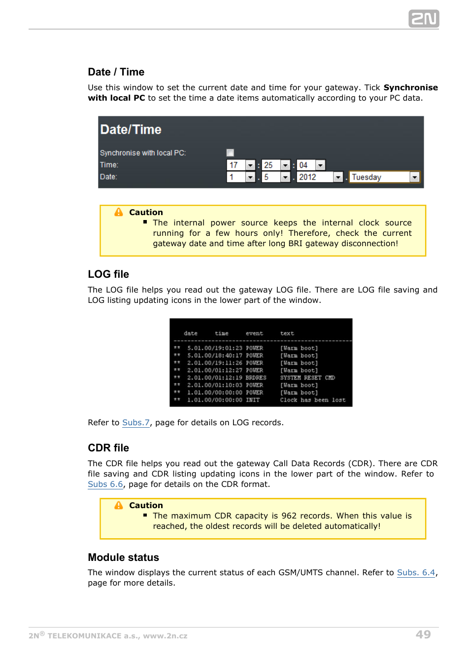 Date / time, Log file, Cdr file | Module status | 2N BRI Lite/Enterprise v1.3 User Manual | Page 49 / 100