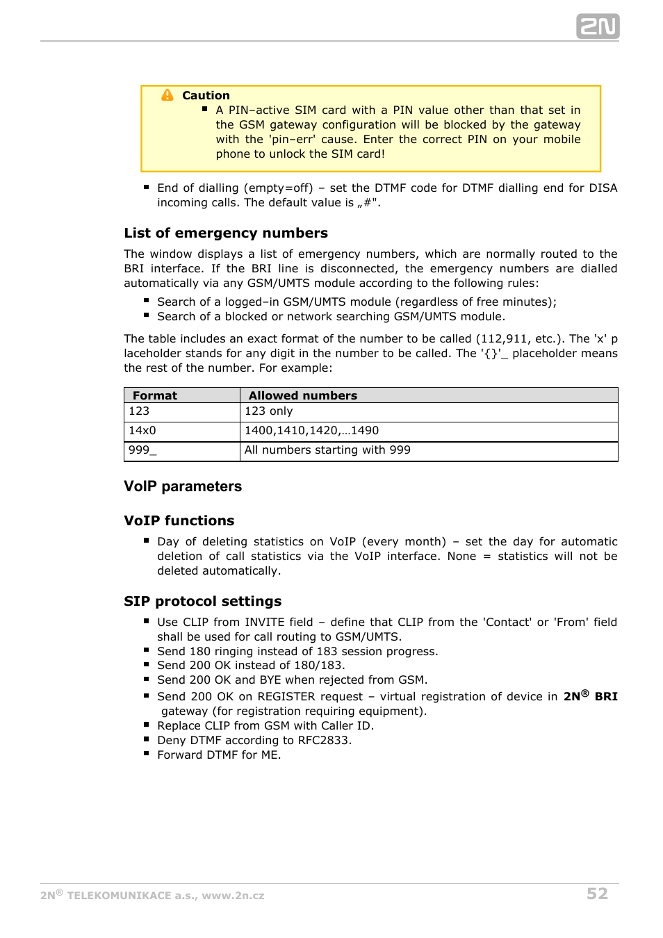 Voip parameters | 2N BRI Lite/Enterprise v1.3 User Manual | Page 52 / 100