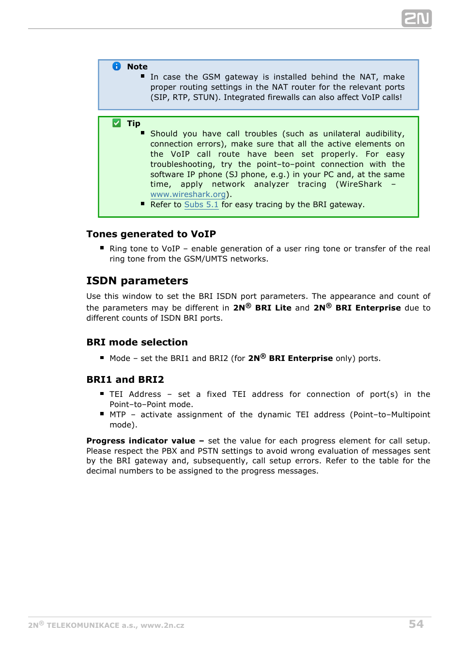 Isdn parameters | 2N BRI Lite/Enterprise v1.3 User Manual | Page 54 / 100