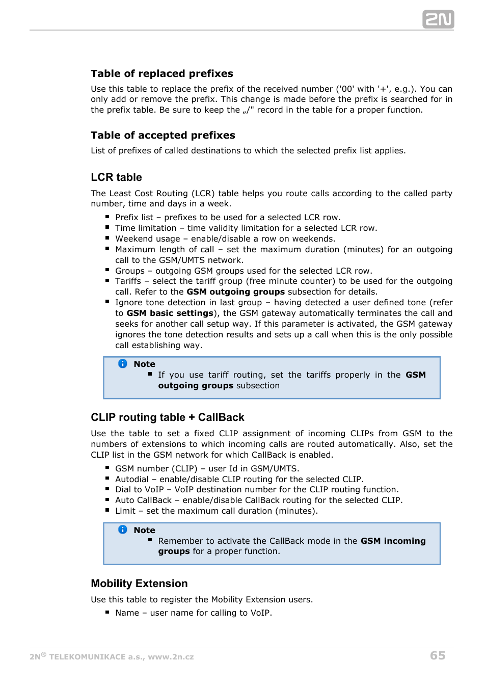 Lcr table, Clip routing table + callback, Mobility extension | 2N BRI Lite/Enterprise v1.3 User Manual | Page 65 / 100