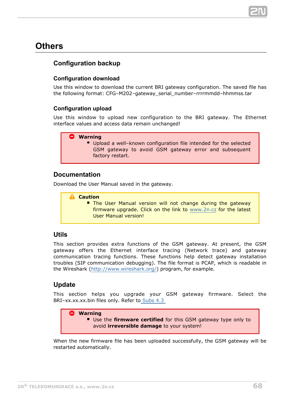 Others, Configuration backup, Documentation | Utils, Update | 2N BRI Lite/Enterprise v1.3 User Manual | Page 68 / 100