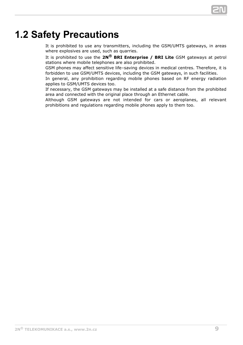2 safety precautions | 2N BRI Lite/Enterprise v1.3 User Manual | Page 9 / 100