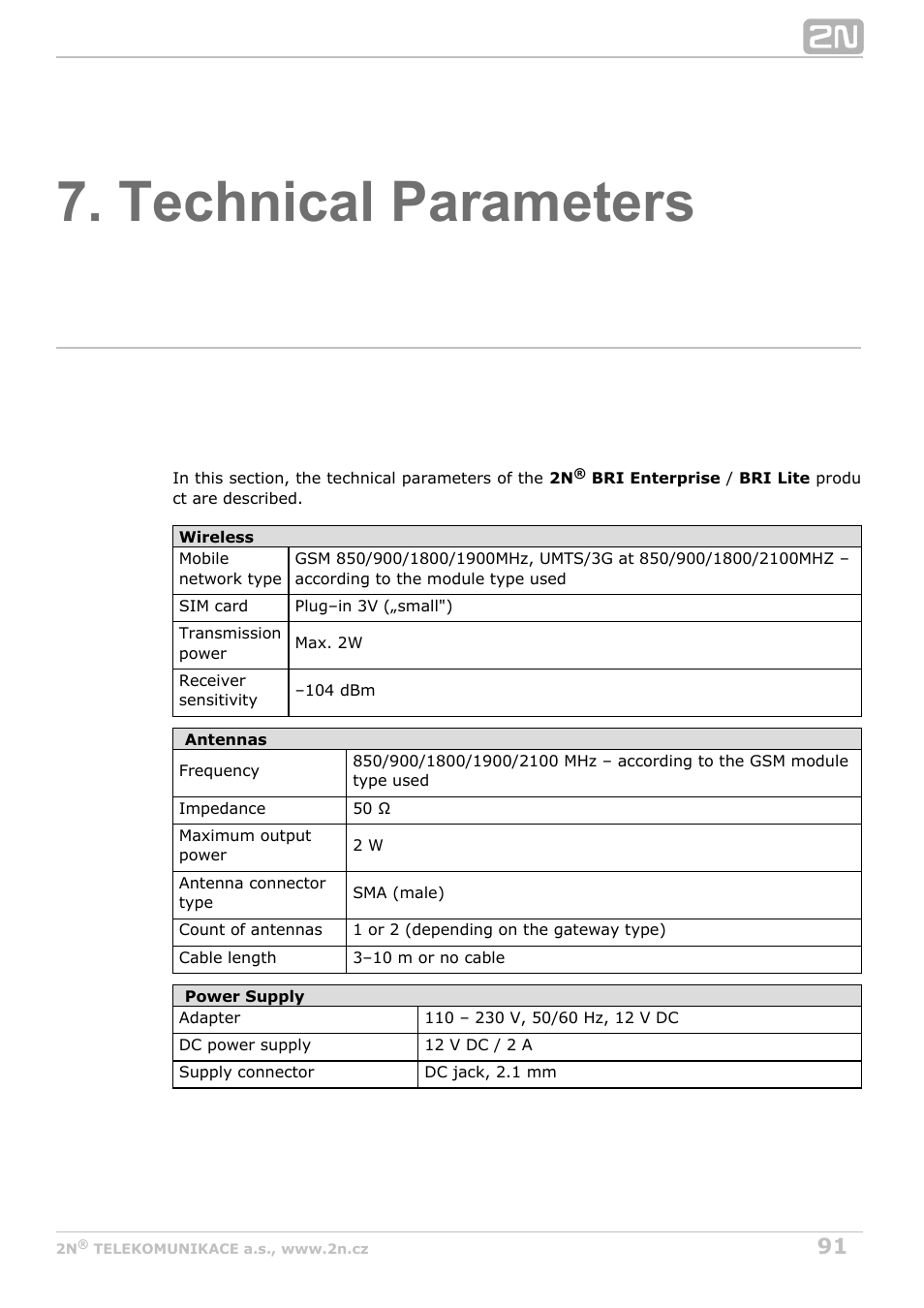 Technical parameters, Refer to, Subs.7 | 2N BRI Lite/Enterprise v1.3 User Manual | Page 91 / 100