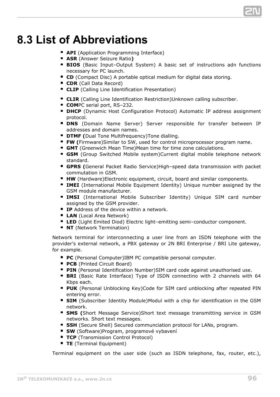 3 list of abbreviations | 2N BRI Lite/Enterprise v1.3 User Manual | Page 96 / 100