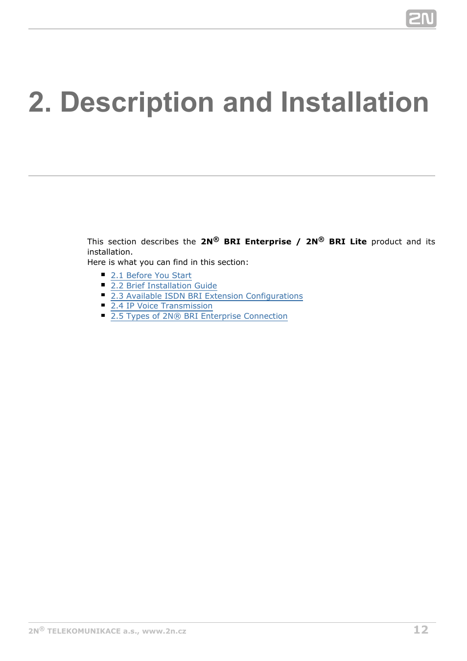 Description and installation | 2N BRI Lite/Enterprise v1.2 User Manual | Page 12 / 101