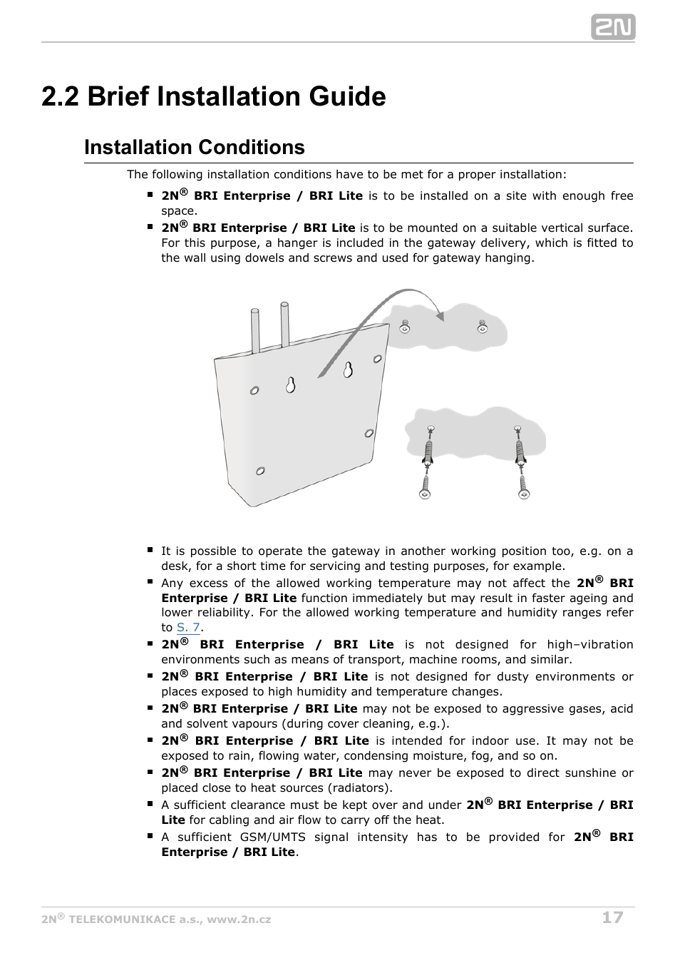 2 brief installation guide, Installation conditions | 2N BRI Lite/Enterprise v1.2 User Manual | Page 17 / 101