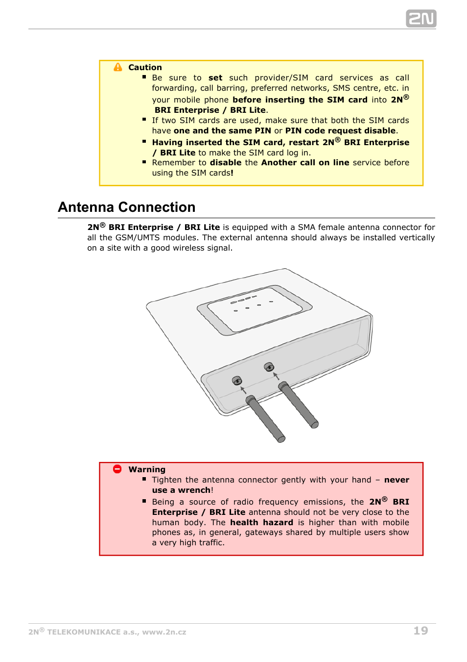 Antenna connection | 2N BRI Lite/Enterprise v1.2 User Manual | Page 19 / 101