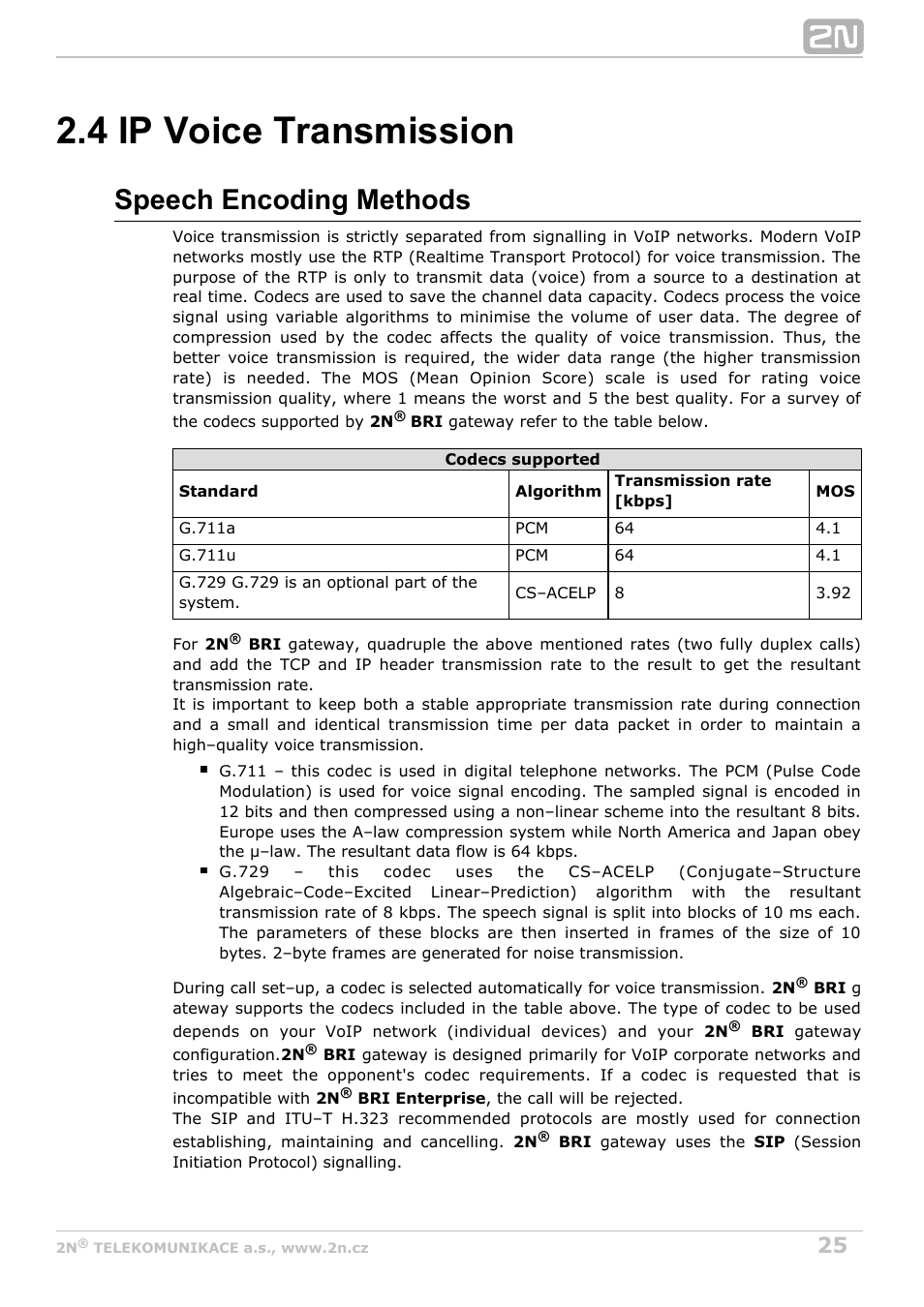 4 ip voice transmission, Speech encoding methods | 2N BRI Lite/Enterprise v1.2 User Manual | Page 25 / 101