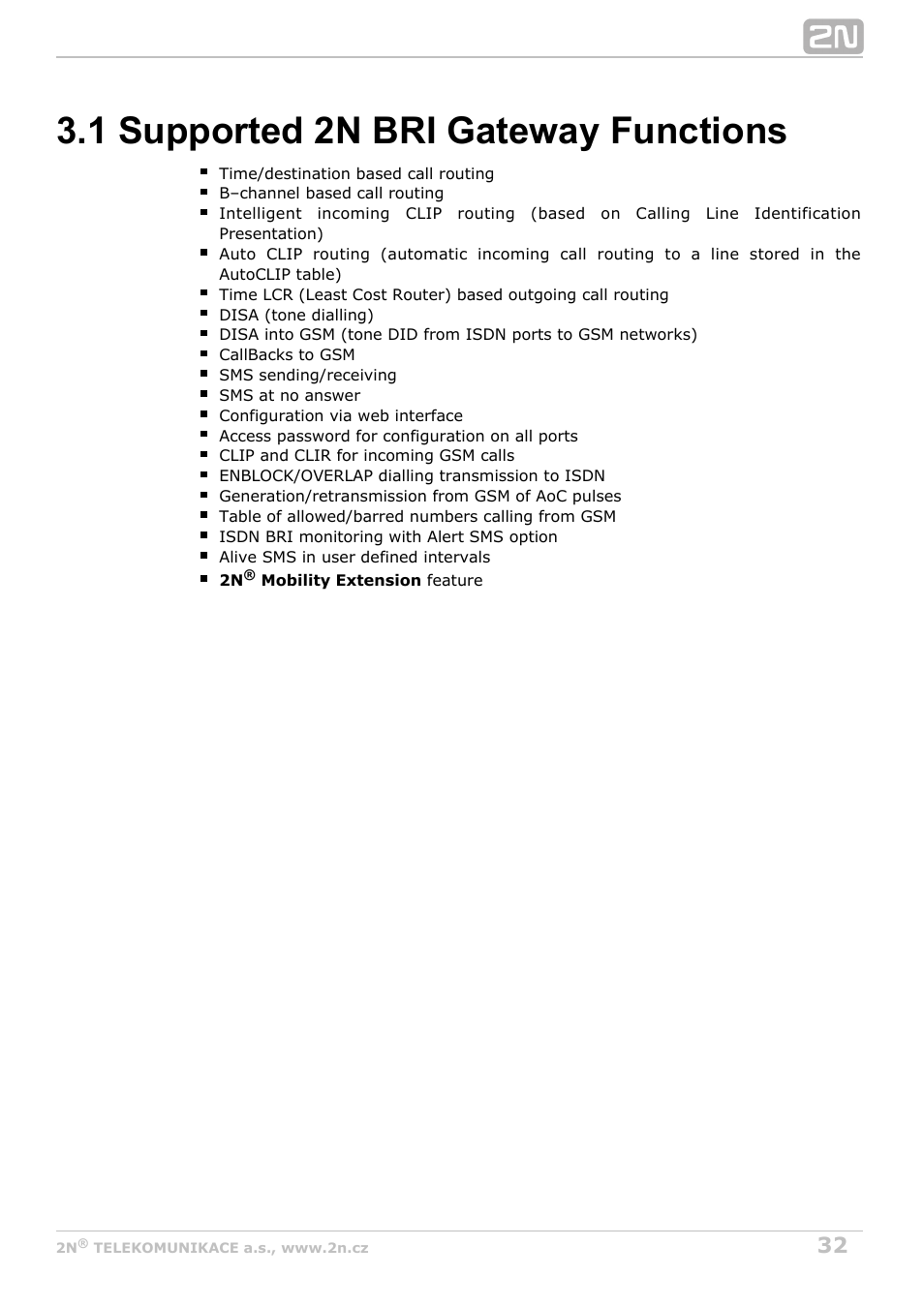1 supported 2n bri gateway functions | 2N BRI Lite/Enterprise v1.2 User Manual | Page 32 / 101