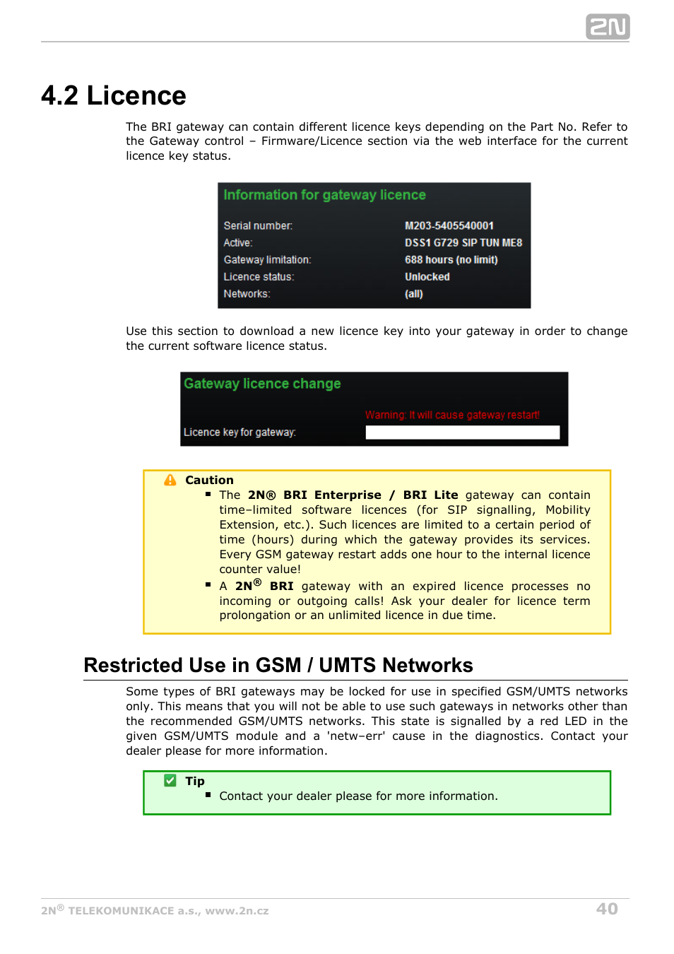 2 licence, Restricted use in gsm / umts networks | 2N BRI Lite/Enterprise v1.2 User Manual | Page 40 / 101